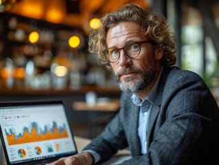Man Sitting at Table With Laptop, Working or Studying From Home or Office