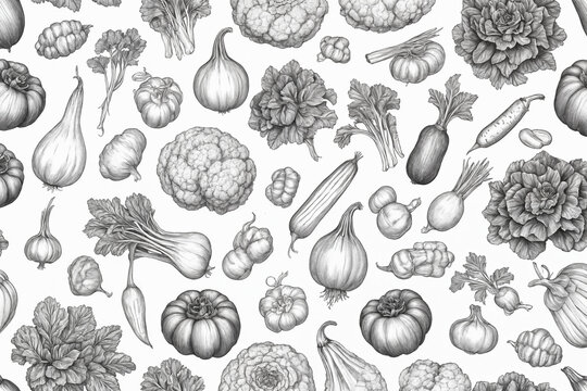 Vegetable black and white illustration in hand drawn engraving style isolated on white background. Generative Ai