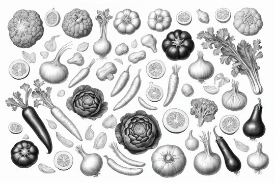 Vegetable black and white illustration in hand drawn engraving style isolated on white background. Generative Ai