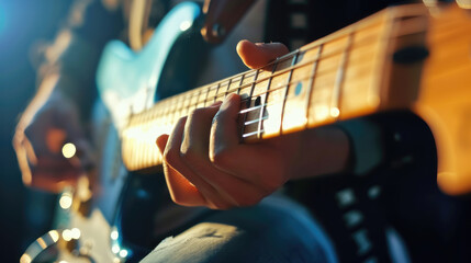 A guitarist plays a song at a concert. Close-up of playing a guitar. - Powered by Adobe