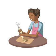 A dark-skinned girl puts icing on a cookie. Young cheerful black woman preparing dessert. Cartoon vector illustration in flat style.