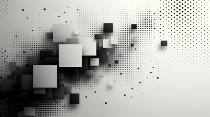 Monochrome abstract background with a dynamic composition of pixelated patterns and floating 3D cubes creating a digital disruption effect. - obrazy, fototapety, plakaty