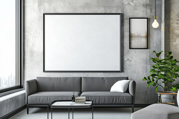 Modern Living Room With Gray Couch and Large Picture Frame