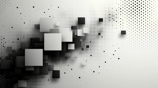 Fototapeta Monochrome abstract background with a dynamic composition of pixelated patterns and floating 3D cubes creating a digital disruption effect.