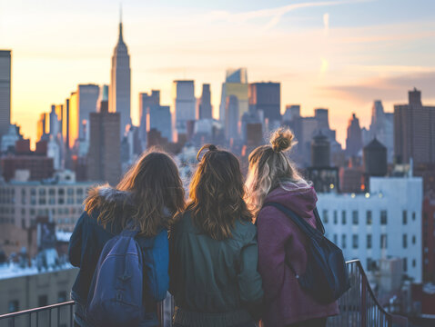 Three young girls with backpacks looking at New York Manhattan during sunset.