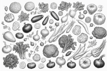 Vegetable black and white illustration in hand drawn engraving style isolated on white background. Generative Ai