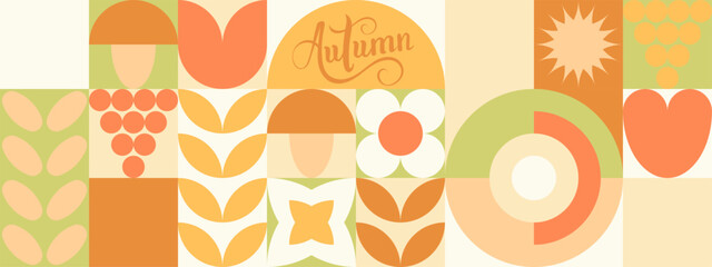 Autumn geometric background, yellow and orange ornament with leaves and mushrooms. Mosaic seamless pattern in earthy tones.