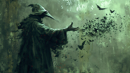 Evil sorcerer casting a spell to release the black. - obrazy, fototapety, plakaty