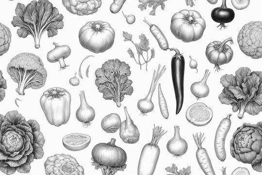 Vegetable black and white illustration in hand drawn engraving style isolated on white background. Generative Ai