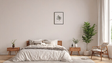 Fototapeta na wymiar Serene Bedroom Retreat: Minimalistic Wooden Furniture by the Window