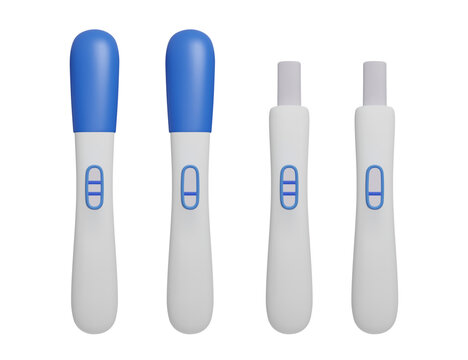 Set of cute 3D pregnancy test kit isolated on white. Blue pregnancy tests with different results: positive and negative, with and without cap. Pregnancy planning, ovulation fertility female healthcare