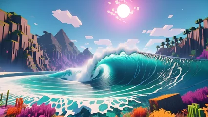 Impressive tsunami in blockyworld voxel cube mystery texture. Generative AI.