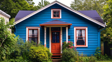Fototapeta na wymiar Exterior of small American house with blue paint.