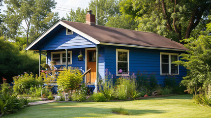 Fototapeta na wymiar Exterior of small American house with blue paint.