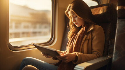 a traveler reads a travel guide on a train, her luggage piled beside her, as the landscape blurs by. - obrazy, fototapety, plakaty
