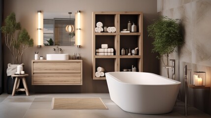 Fototapeta na wymiar Chic bathroom with ceramic tub and cabinet storing care products and towels.