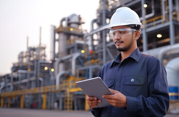 Asian engineer man checking the maintenance of the oil refinery factory at evening via digital tablet.