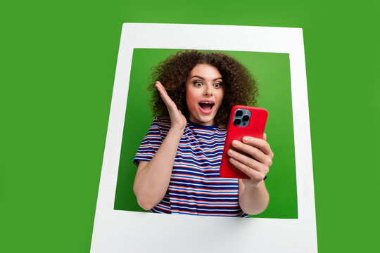 Photo of attractive impressed girl inside album card use smart phone read unbelievable news isolated on green color background