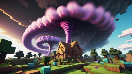 Blocky surface inspired colorful tornado. Blocky cubes style texture. Game world cube voxel surface landscape. Generative AI