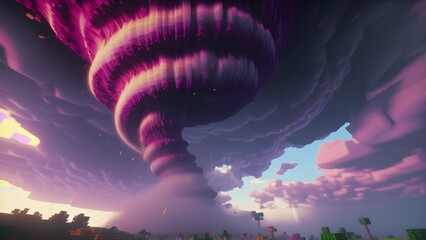 Minecraft inspired colorful tornado. Minecraft style texture. Minecraft game world cube voxel surface landscape. Generative AI - obrazy, fototapety, plakaty