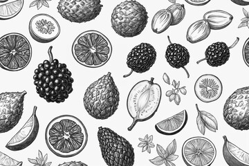Fruits. Black and White Illustration of fruits at engraving style. Generative Ai