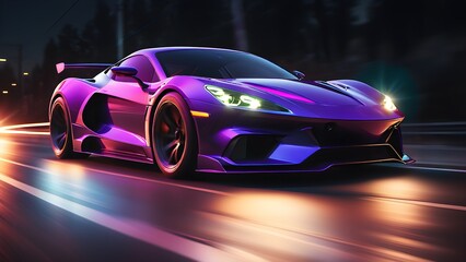 Fototapeta premium Futuristic super car in the city highway. Fast moving sports car. Car in motion. generative AI