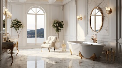 Fototapeta premium a classical bathroom with white marble floor and wall tiles in a brick pattern. Golden objects adorn the room, which boasts large windows overlooking a terrace and nature.