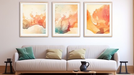 Bohemian inspired nature landscape art collection displayed in picture frames on a wall, adding a touch of minimalist style to home decoration. Mockup concept. Generative AI.