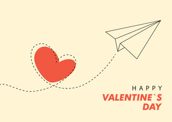 Valentine`s day card with heart and paper airplane, vector illustration