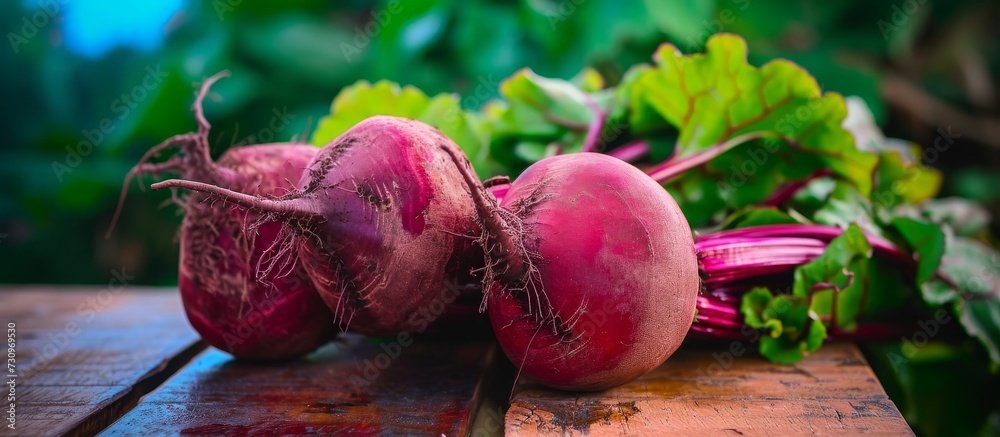 Poster A single cluster of organic beetroots, close-up on a wooden bench.