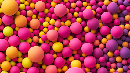 Colorful matte soft balls vector background in bright summer tones and different sizes for kids zone or children's playroom. Top view of huge pile of chaotic colorful mixed balls, orbs or bubbles