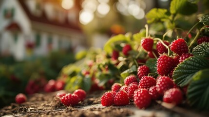 closeup photography Raspberry, highlighting its vibrant red color and delicate structure, arranged in a whimsical garden scene