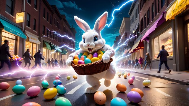 Running Easter bunny with eggs. Easter bunny with easter eggs, Basket with eggs. Easter day concept Generative AI.