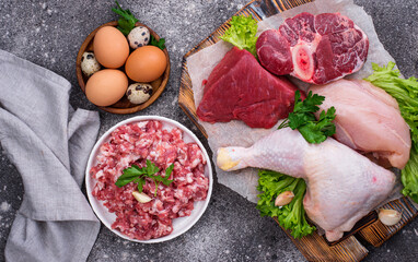 Various raw meat, sources of animal protein