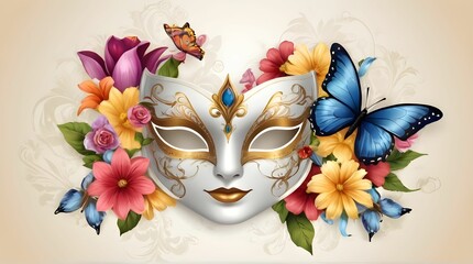 carnival mask background with various flowers and butterflies