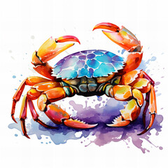 Colorful Watercolor Illustration of a Vibrant Crab with Splashing Artistic Background - Seafood, Ocean Life, and Creative Art Concept.