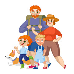 Family outing. Nature hike, campers. Cartoon characters together go on a hiking trip