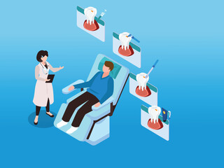 Male patient visiting female doctor 3d isometric vector illustration