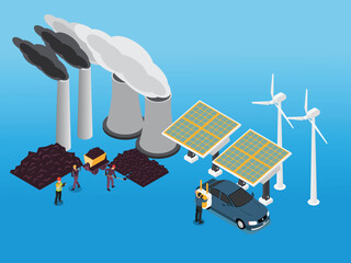 Polluting fossil thermal coal and nuclear power plants versus clean solar panels and wind turbines renewable energy 3d isometric vector illustration © Creativa Images