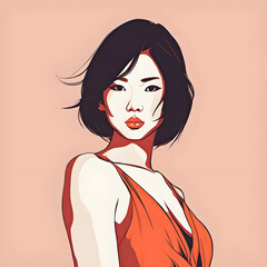 illustration of a young Japanese woman girl with a bob haircut wearing a red dress