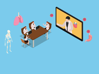 Medical professionals having a meeting watching webinar on online platform 3d isometric vector illustration