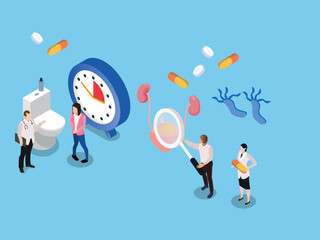 Nephrology, Urology. Tiny Doctors Doing Medical Research, Examination, Check of Health 3d isometric vector illustration