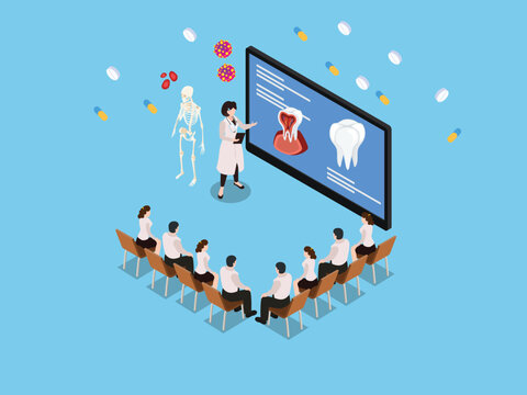 Medical students learning stomatology, education, woman tutor or teacher talks about oral hygiene and dental care 3d isometric vector illustration