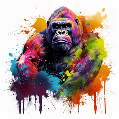 Vibrant Gorilla Artwork: Colorful Splatter and Drips on Majestic Primate Portrait for Creative Design Use