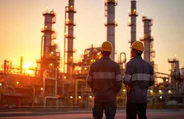 Male engineers conducting checks at refinery station.