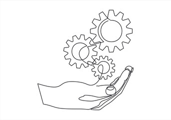 continuous one single line drawing of hand holding gears, tech development, engineering, technology
