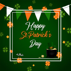 Happy St. Patrick's Day lettering on green background with clover or shamrock, pot of gold coins and leprechaun green hat. Vector illustration