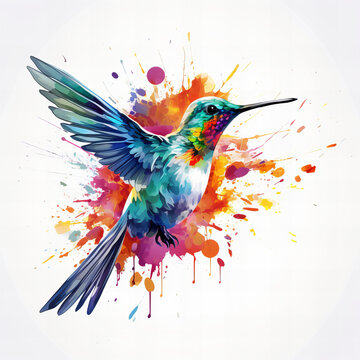 Vibrant Watercolor Hummingbird in Flight with Colorful Splash Artwork for Creative Design Use