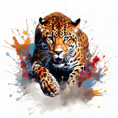 Vibrant Artistic Leopard Illustration with Dynamic Watercolor Splash Effects - Modern Wildlife Art for Creative Projects