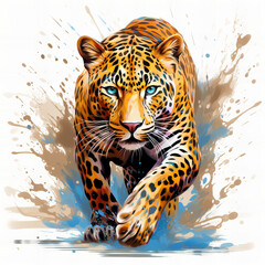 Majestic Stalking Leopard with Vibrant Watercolor Splashes - Artistic Wildlife Illustration for Striking Design Use